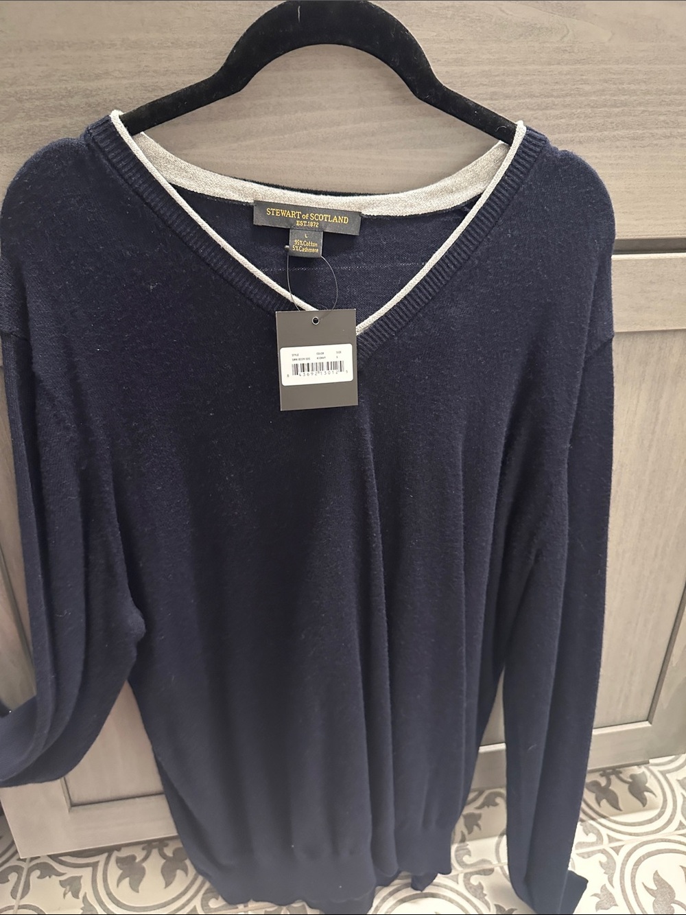 Stewart of Scotland Navy V-Neck Sweater with Cream Trim